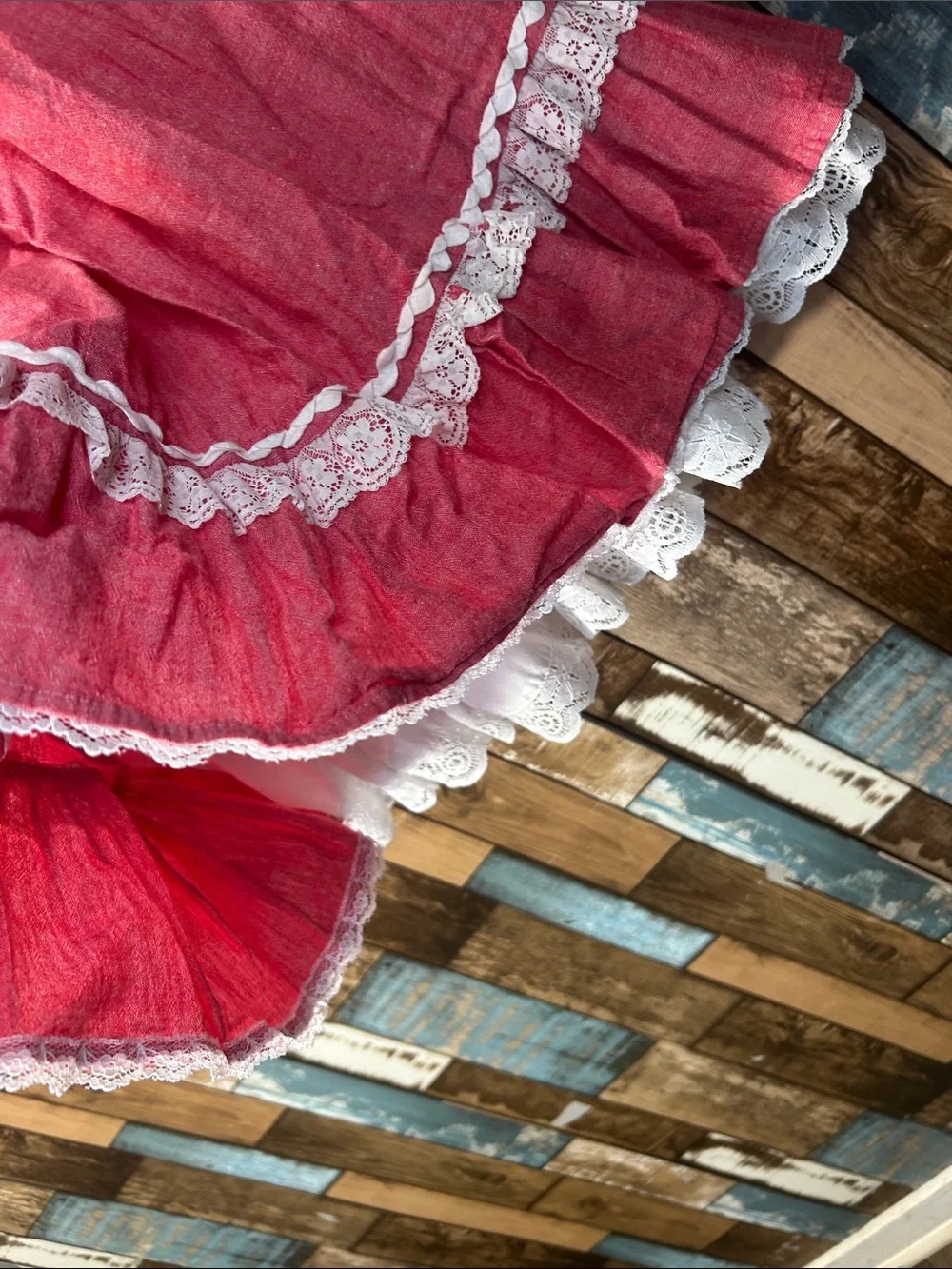 Brand Red Ruffled A-Line Midi Skirt with Lace Trim western - Picture 6 of 16